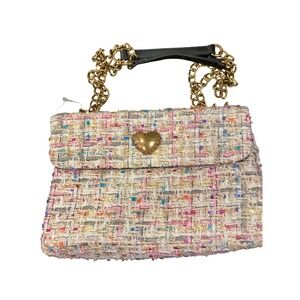 Betsey Johnson Tweed Heart Lock Shoulder Bag Gold Chain